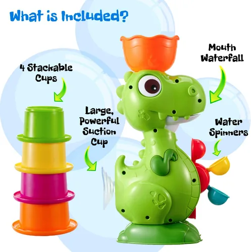 Vista 5 de Juguetes de baño de dinosaurio para niños de 1 a 3 años, juguete de baño para bebés con 4 tazas de agua y ruedas giratorias, divertido juguete