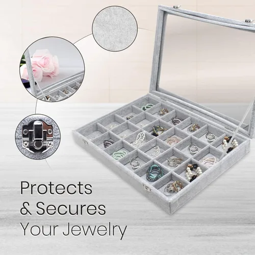 Vista 4 de Bandeja organizadora de brazaletes y joyas, tapa transparente, terciopelo negro, para organizar y ordenar brazaletes, pulseras y relojes, anillos