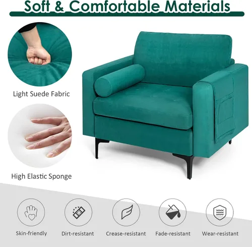 Vista 7 de KOMFOTT Sofá individual con refuerzo, moderna silla decorativa con reposabrazos, soporte para revistas, asiento de gran tamaño, cojín cómodo, sillón