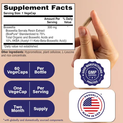 Vista 2 de Health Thru Nutrition Boswellia 300 mg 60 cápsulas como Bospure AKBAMAX Alta potencia 75% ácidos boswélicos 10% AKBA Apoyo de movilidad