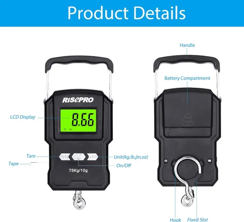Vista 3 de RISEPRO® Balanza digital de peces de 165.3 lbs/165 libras con regla de 39 pulgadas, balanza electrónica de equipaje para pescar, gancho colgante