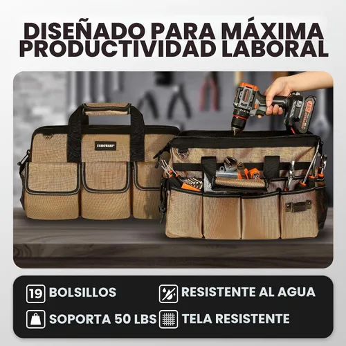 Vista 4 de COMOWARE Bolsa de herramientas de 16 pulgadas, organizador de herramientas resistente de 19 bolsillos con correa de hombro ajustable de 51.2