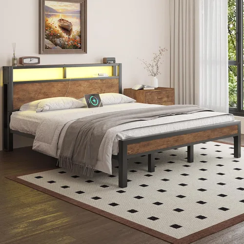 Vista 44 de LOEWAY Base de cama tamaño Queen con cabecero de almacenamiento y luces LED, color gris