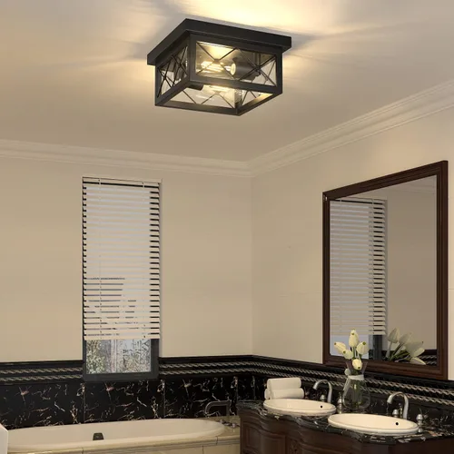 Vista 6 de Asnxcju Luminarias de Techo Estilo Granja para Montaje, Lámpara de Techo Empotrada Negra de 2 Luces con Pantalla de Vidrio Transparente, Lámpara