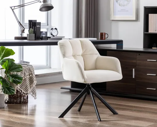 Vista 7 de EALSON Cómoda silla de escritorio de terciopelo moderna para computadora, sin ruedas, silla giratoria con brazo de respaldo medio para sala de Beige