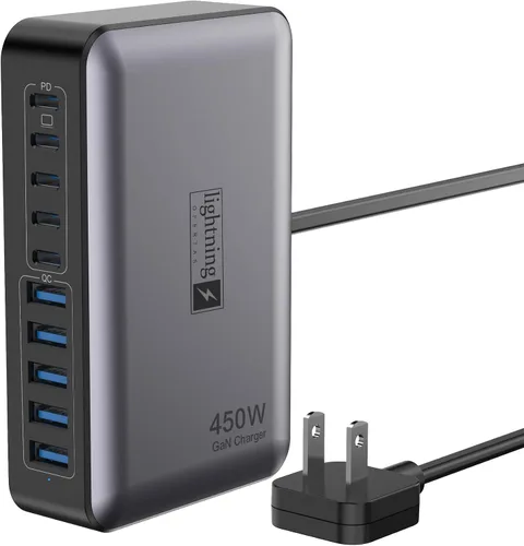 Vista 13 de Estaciones de carga múltiple de 8 puertos de 200 W con enchufe plano, cable de alimentación trenzado e interruptor de encendido/apagado