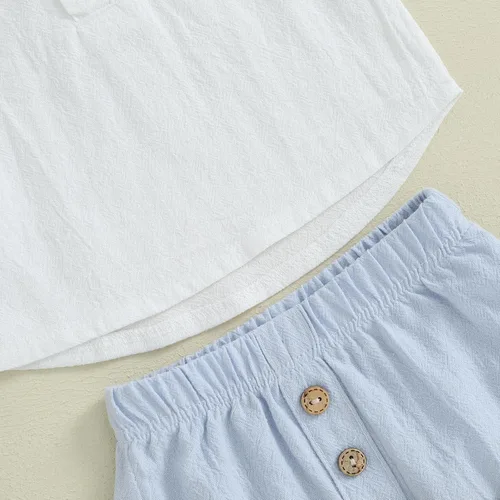 Vista 90 de Conjunto de ropa casual de manga corta con botones y pantalones cortos de lino para bebés y niños pequeños