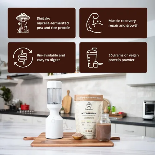 Vista 7 de Mycoprotein Mushroom Protein Powder, Chocolate Flavor, 20g Plant Based Protein per Serving, Reishi, Chaga, Lions Mane, Shiitake, Turkey Tail, Vegan