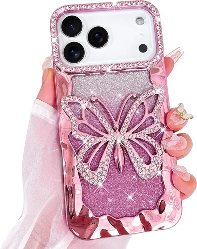 Vista 19 de Bonoma Funda con purpurina para iPhone 13 Pro Max, bonita funda 3D con patrón de chapado en degradado de mariposa de diamante, protección de cámara