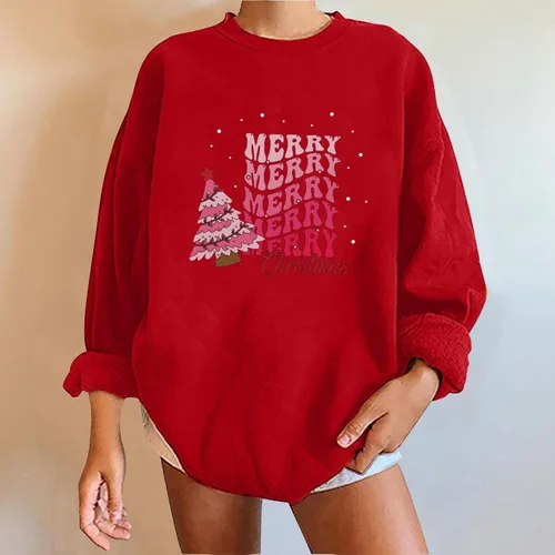 Vista 2 de Sudadera con estampado de árbol de Navidad para mujer, forro polar, cuello redondo, sin botones, hombros descubiertos, manga larga