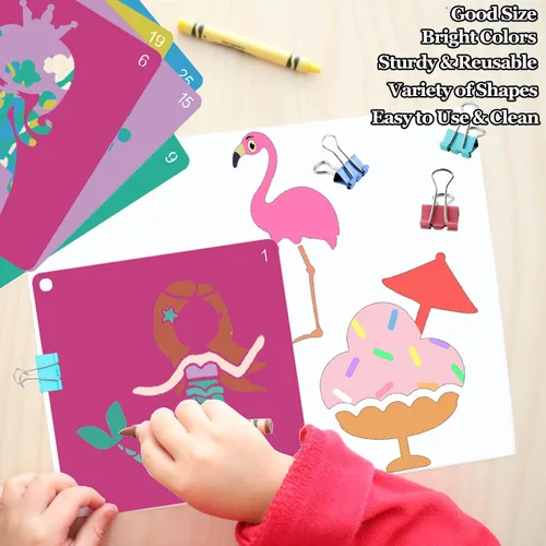 Vista 3 de LanMa 30 plantillas de dibujo para niños y niñas, plantillas coloridas de pintura de plástico de 8 x 8 pulgadas, tiza para acera