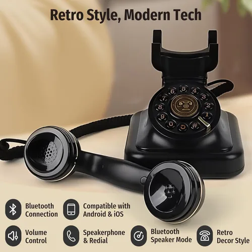 Vista 5 de Teléfono retro Bluetooth con altavoz, teléfono fijo Bluetooth, teléfono doméstico Bluetooth con alimentación recargable USB, llamadas manos libres