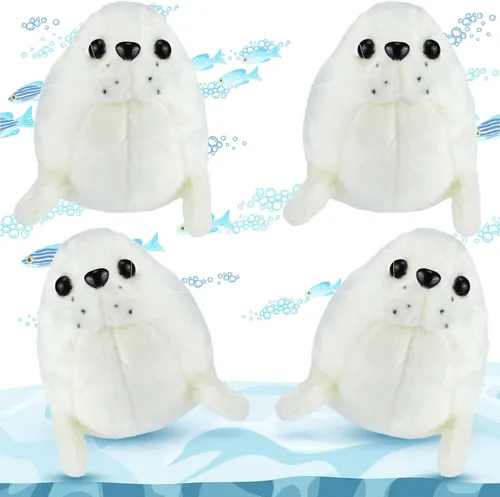 Vista 2 de Sosation Juego de 4 piezas de animales de peluche con sello de peluche de foca gordita blanca, lindo sello de almohada de abrazo, juego de juguetes
