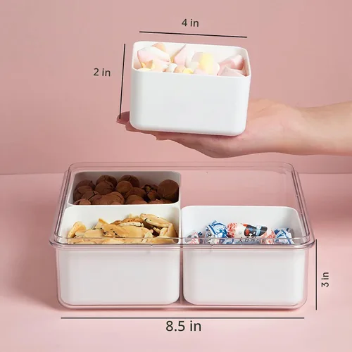 Vista 2 de Paquete de 3 Cajas Snackle Divididas Bandeja para Servir Verduras con Tapa Conservador de Ensaladas con 4 Cajas Removibles Contenedores