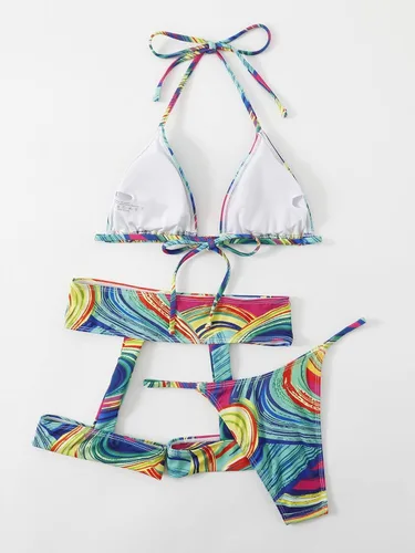 Vista 4 de OYOANGLE Conjunto de traje de baño de 3 piezas para mujer con estampado halter y liguero