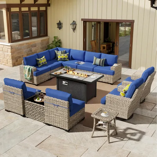 Vista 14 de HOOOWOOO Juego de Muebles Seccionales para Patio al Aire Libre, 6 Piezas Juegos de Conversación de Mimbre Sofá en Forma de L, Sofá Extra Profundo