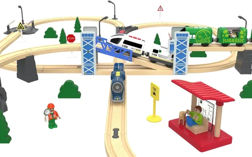 Vista 5 de Z MAYABBO Juego de accesorios de tren de madera, puente ferroviario de madera para vías de ferrocarril, 2 niveles de paso elevado compatible