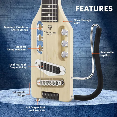 Vista 2 de Traveler Guitar Guitarra eléctrica ultraligera de arce Eléctrica portátil con reposarazo extraíble Guitarra sin cabeza a escala completa de 24