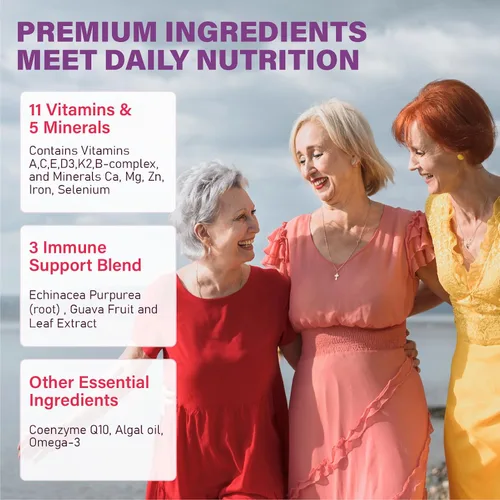 Vista 3 de Gomitas multivitamínicas para mujeres 50 Plus – con Omega 3, coenzima Q10, hierro, calcio, zinc, vitamina A, C, D3, E, K2, complejo B, folato