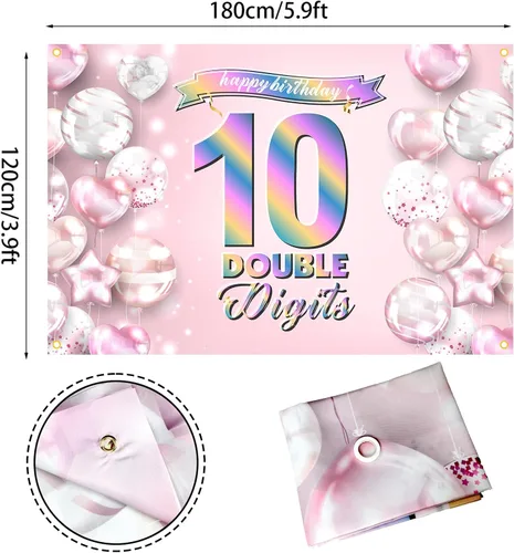 Vista 2 de Cartel de feliz cumpleaños número 10, telón de fondo de arcoíris degradado de doble dígito, fondo rosa de 10 años, decoraciones de cumpleaños