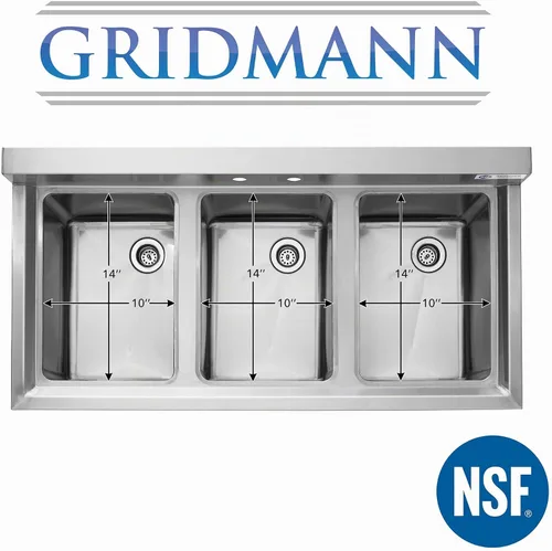 Vista 3 de Fregadero bajo comercial de acero inoxidable de 3 compartimentos NSF Gridmann