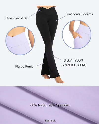Vista 4 de Sunzel Leggings acampanados para mujer con bolsillos, pantalones de yoga cruzados con control de abdomen, cintura alta y pierna ancha