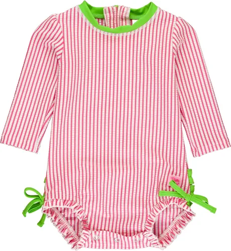 Vista 10 de RuffleButts - Traje de baño de una pieza con mangas largas, de seersucker, con protección solar UPF 50+ para bebé/niñas Seersucker de plátano