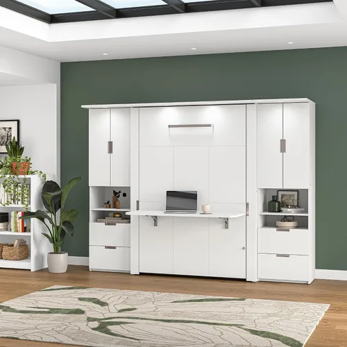Vista 3 de Bestar Cama Full Murphy con armario de almacenamiento, blanco, lumina, 107 W
