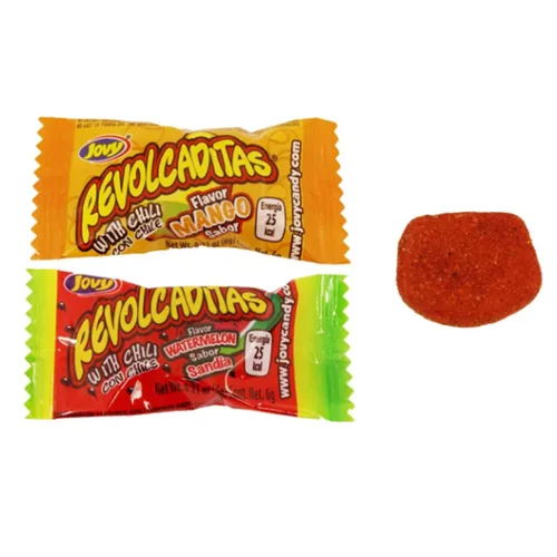 Vista 4 de Dulces duros Sweetzo, dulces y picantes cubiertos de chile en polvo, sabor a sandía y mango, envueltos individualmente, dulces mexicanos