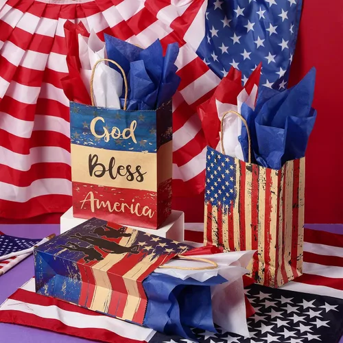 Vista 5 de PerKoop 32 bolsas de regalo patrióticas con asas para el aniversario del 250 aniversario, con la bandera estadounidense, recuerdo del 4 de julio