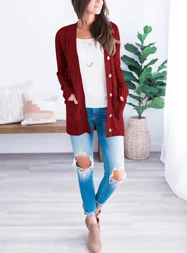 Vista 6 de PRETTYGARDEN Suéteres de mujer con frente abierto, cárdigan de otoño, moda de invierno, con botones, de punto trenzado, grueso, ropa exterior