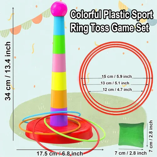 Vista 2 de Colorido juego de lanzamiento de anillos deportivos de plástico para niños, 2 columnas coloridas+48 anillos+12 bolsas de frijoles, juguetes
