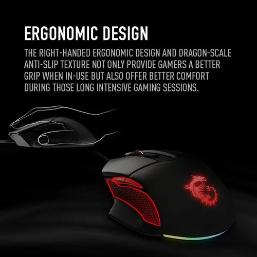 Vista 2 de MSI Clutch GM20 Elite - Mouse para juegos 6400 DPI interruptor OMRON de 20 M clics sensor óptico pesas ajustables diseño ergonómico de mano derecha