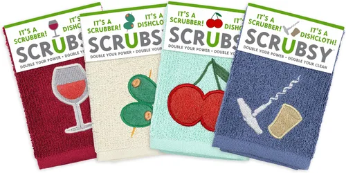 Vista 8 de MÜkitchen SCRUBSY 100% Cotton Kitchen Dish Cloth with Built in Scrubber Kit Various Designs and Super Absorbent Set of 4 (Avian)