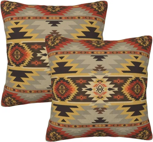 Vista 19 de Juego de 2 fundas de almohada de estilo étnico vintage, estampado geométrico azteca, étnico, tribal, para dormitorio, sala de estar, sofá
