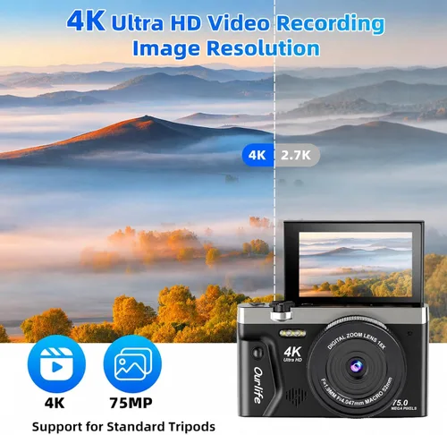 Vista 3 de Cámara digital 4K 75MP para fotografía, cámara con pantalla FILP