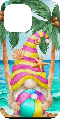 Vista 23 de iPhone 16 Funny Hawaiian Summer Gnome Under Palm Tree For Beach Surfer Case