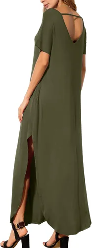 Vista 6 de GRECERELLE - Vestido largo para mujer, holgado, con bolsillos, manga corta y abertura lateral, estilo informal Verde militar