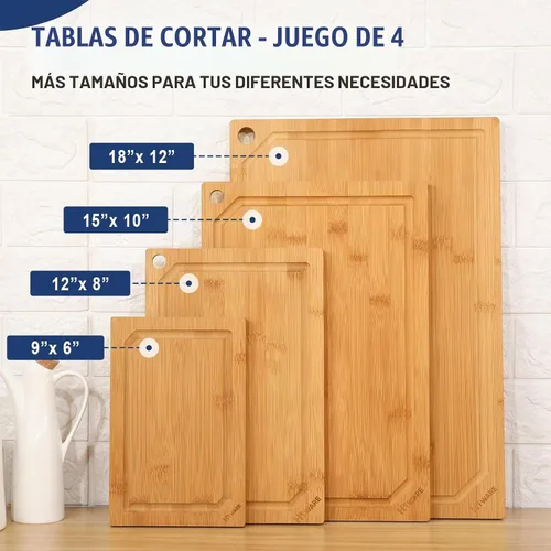 Vista 2 de Hiware Juego de 4 tablas de cortar de bambú extra grandes para cocina, tabla de cortar resistente con ranura para jugos, juego de tablas de cortar