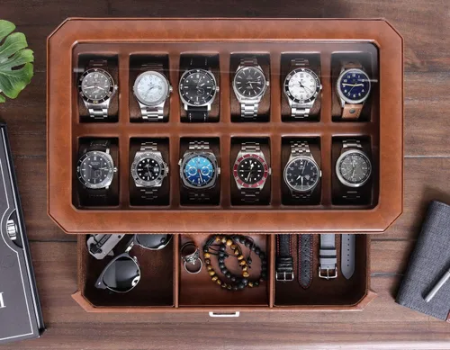 Vista 4 de Juego de regalo Caja de reloj de cuero con 12 ranuras con cajón de valet y funda de viaje para 5 relojes a juego, organizador de exhibición