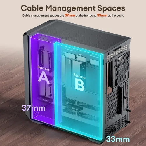 Vista 6 de Okinos Air Cross, Caja ATX de Madera de Nogal Genuina, Ventilador PWM de 3×140mm y Ventilador PWM Inverso de 2x120mm Preinstalado, Paneles de Malla