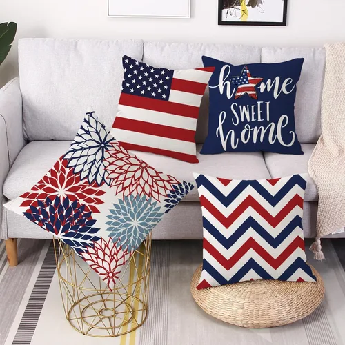 Vista 4 de Juego de 4 fundas de almohada decorativas para el 4 de julio, 18 x 18 pulgadas, juego de 4 fundas de almohada con diseño de estrellas y rayas