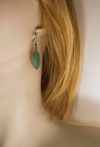 Vista 5 de Metal Feather or Leaf Dangle Earrings with Teal Verdigris Patina over Brass with Antiqued Brass Ear Wires