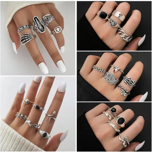 Vista 4 de IFKM Juego de 15 a 63 anillos de nudillos plateados vintage para mujeres, adolescentes y niñas, anillos apilables para los dedos, anillos bohemios