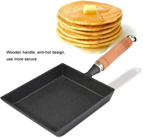 Vista 2 de Vikye Tamagoyaki - Sartén japonesa para tortilla/huevos, mini sartén de hierro para tortilla, sartén con mango de madera Tamagoyaki, funciona