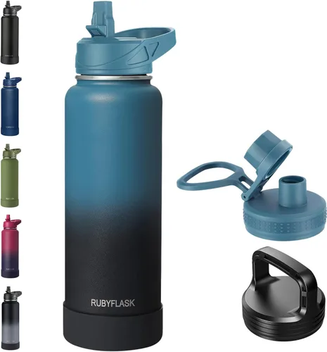 Vista 16 de RUBYFLASK - Botella de agua aislada con pajilla, jarra de agua al vacío de acero inoxidable, 24 onzas, botella con 3 tapas a prueba de fugas