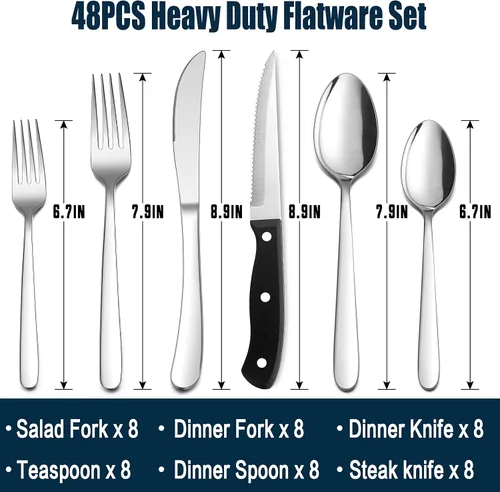 Vista 2 de HaWare Juego de cubiertos resistentes de 48 piezas para 8, cubiertos de acero inoxidable con cuchillos gruesos para carne, utensilios de comer