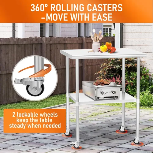 Vista 3 de Mesa de acero inoxidable con ruedas de 24 x 30 pulgadas, mesa de trabajo utilitaria con estante inferior ajustable para cocina comercial, garaje