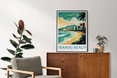 Vista 3 de Waikiki - Arte de pared para colgar en la pared en la playa Waikiki, decoración del hogar, Waikiki Beach Art Lovers Hawaii Art Lover Print Artwork#2