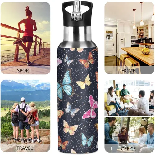 Vista 5 de Stainless Steel Water Bottle 20 Oz, Leakproof Water Bottles for Gym Outdoor Travel School, Colorful Butterflies Black